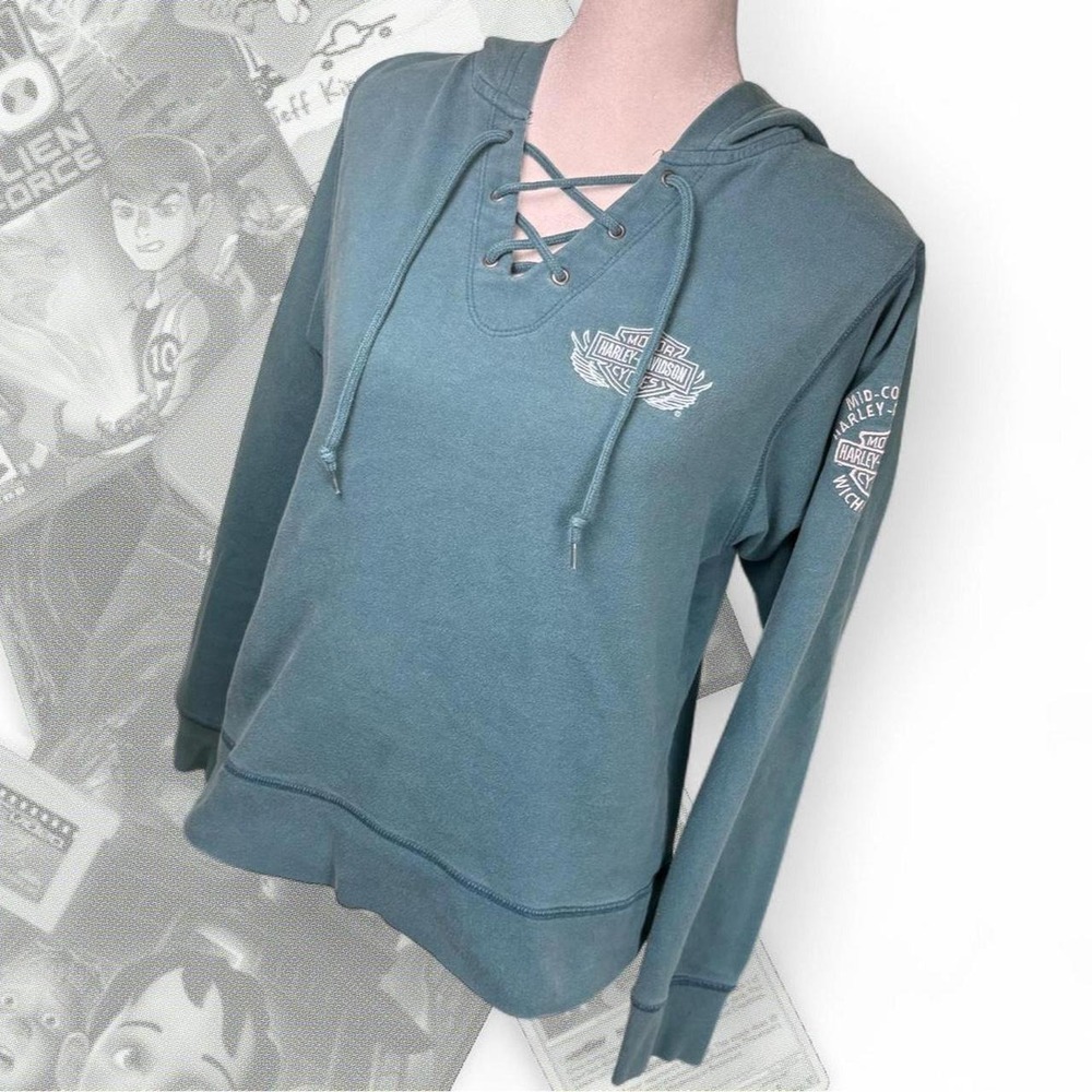 Vintage Y2K Blue Teal Harley Davidson Lace Pullover Hoodie W/ Cropped Fit